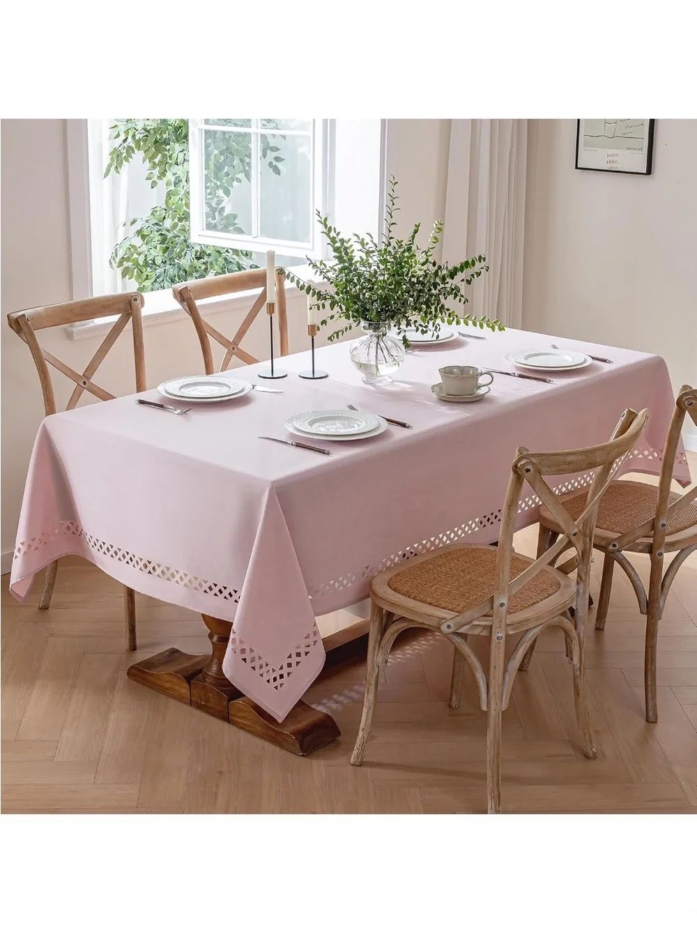 NEW JIALE Pink Linen Polyester Tablecloth with Decorative Cutouts, Wrinkle Free